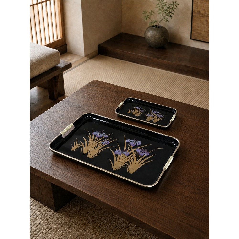 Vintage Japanese Lacquerware Tray Set Black Gold Purple Iris Floral 2 Pieces
